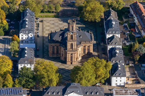 Baroque Ludwigskirche, Ludwigsplatz, Saarbrücken, Saarland, Germany, Europe, aerial view,
