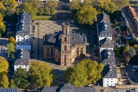 Baroque Ludwigskirche, Ludwigsplatz, Saarbrücken, Saarland, Germany, Europe, aerial view,