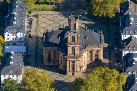Baroque Ludwigskirche, Ludwigsplatz, Saarbrücken, Saarland, Germany, Europe, aerial view,