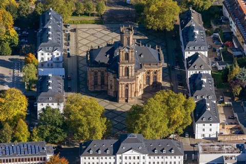Baroque Ludwigskirche, Ludwigsplatz, Saarbrücken, Saarland, Germany, Europe, aerial view,