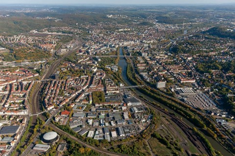 Breitenbacher Platz, Saarbrücken view from west, Saarbrücken, Saarland, Germany, Europe, aerial