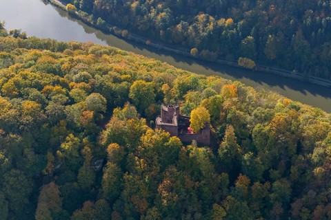 Aerial photo, Montclair Castle, castle tower, at the Saarschleife Mettlach, Taben-Rodt, Saarland,