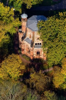 Aerial view, old tower, oldest sacral building in Saarland, Mettlach, Saarland, Germany, Europe,