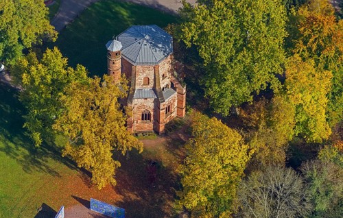 Aerial view, old tower, oldest sacral building in Saarland, Mettlach, Saarland, Germany, Europe,