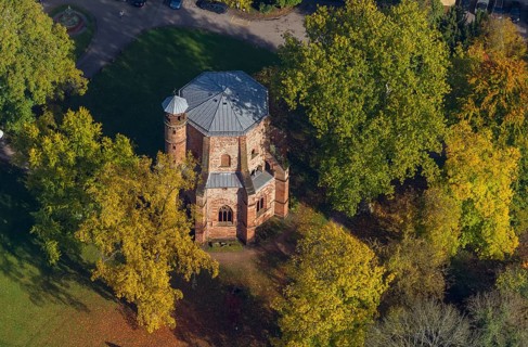 Aerial view, old tower, oldest sacral building in Saarland, Mettlach, Saarland, Germany, Europe,