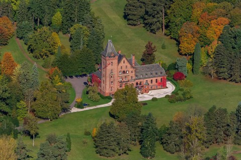 Aerial photo, guest house Schloss Saareck, Mettlach, Saarland, Germany, Europe, birds-eyes view,