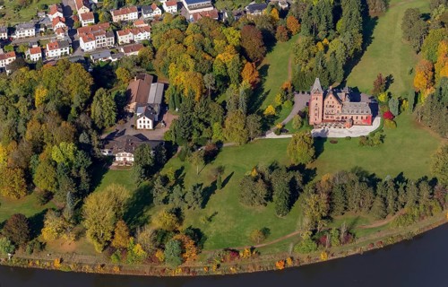 Aerial photo, guest house Schloss Saareck, Mettlach, Saarland, Germany, Europe, birds-eyes view,