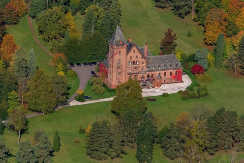 Aerial photo, guest house Schloss Saareck, Mettlach, Saarland, Germany, Europe, birds-eyes view,