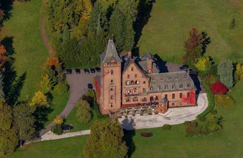 Aerial photo, guest house Schloss Saareck, Mettlach, Saarland, Germany, Europe, birds-eyes view,