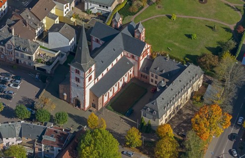 Aerial view, Church of St Peter, late Romanesque basilica with three naves, Merzig, Saarland,