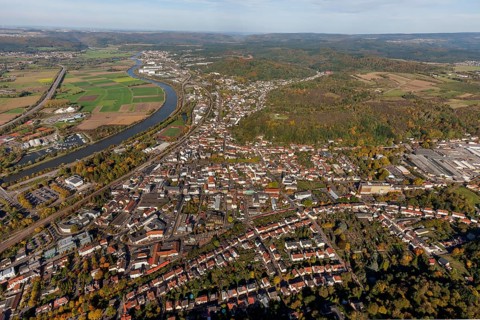 Aerial view, Church of St Peter, late Romanesque basilica with three naves, Merzig, Saarland,