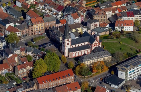 Aerial view, Church of St Peter, late Romanesque basilica with three naves, Merzig, Saarland,