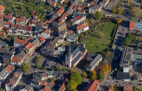 Aerial view, Church of St Peter, late Romanesque basilica with three naves, Merzig, Saarland,