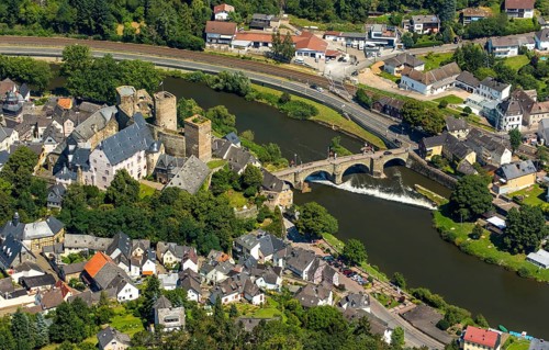 Runkel Castle with Lahn and Lahn bridge, ruins of a medieval hilltop castle in the town of Runkel,