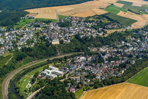 Runkel Castle with Lahn and Lahn bridge, ruins of a medieval hilltop castle in the town of Runkel,