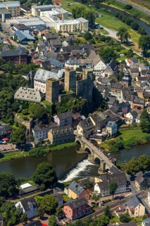 Runkel Castle with Lahn and Lahn bridge, ruins of a medieval hilltop castle in the town of Runkel,