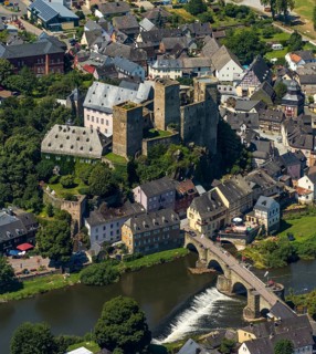 Runkel Castle with Lahn and Lahn bridge, ruins of a medieval hilltop castle in the town of Runkel,