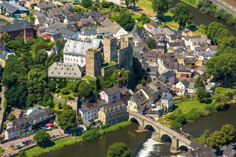 Runkel Castle with Lahn and Lahn bridge, ruins of a medieval hilltop castle in the town of Runkel,