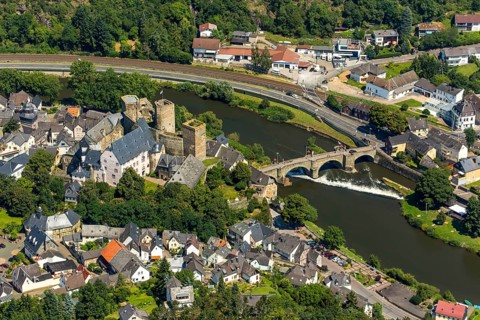 Runkel Castle with Lahn and Lahn bridge, ruins of a medieval hilltop castle in the town of Runkel,