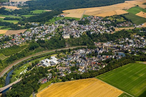 Runkel Castle with Lahn and Lahn bridge, ruins of a medieval hilltop castle in the town of Runkel,