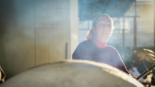 A Turkish woman bakes traditional bread on a clay tandoor oven in a rural village, Hatay, Hatay,