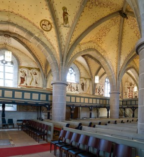Interior view with fresco-secco wall paintings, Protestant Church, Evangelische Stadtkirche,