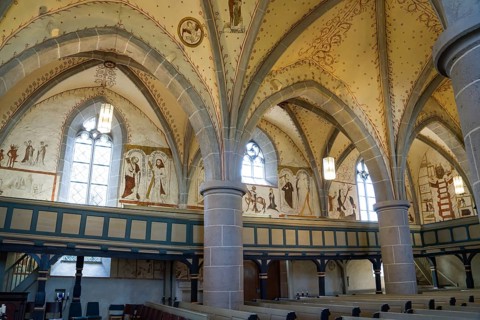 Interior view with fresco-secco wall paintings, Protestant Church, Evangelische Stadtkirche,