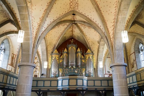 Interior view with fresco-secco wall paintings, Protestant Church, Evangelische Stadtkirche,