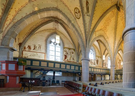 Interior view with fresco-secco wall paintings, Protestant Church, Evangelische Stadtkirche,