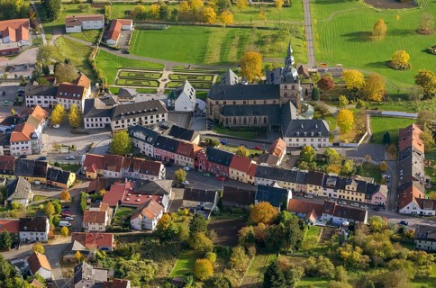 Church and Benedictine Abbey Tholey, Tholey, Saarbrücken, Saarland, Germany, Europe, aerial view,