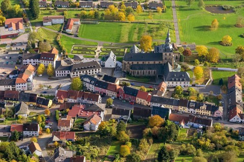 Church and Benedictine Abbey Tholey, Tholey, Saarbrücken, Saarland, Germany, Europe, aerial view,