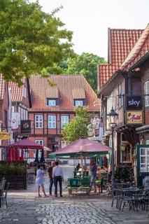 Historic half-timbered houses in the Lämmertwiete with catering in Harburg's old town, Harburg,