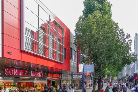 Pedestrian zone and shopping street Lüneburger Straße with many people and shops, Harburg, Hamburg,