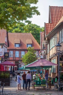 Historic half-timbered houses in the Lämmertwiete with catering in Harburg's old town, Harburg,