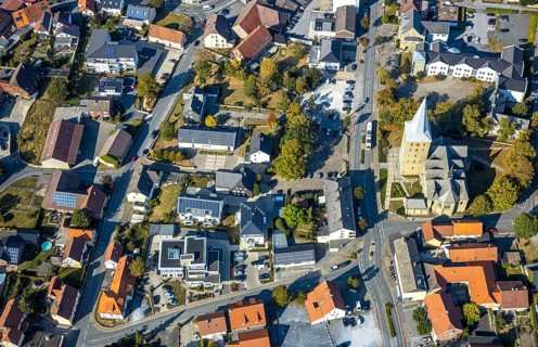 Aerial view, catholic church St.-Pankratius, municipal administration Anröchte, historic town hall,