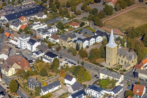 Aerial view, catholic church St.-Pankratius, municipal administration Anröchte, historic town hall,