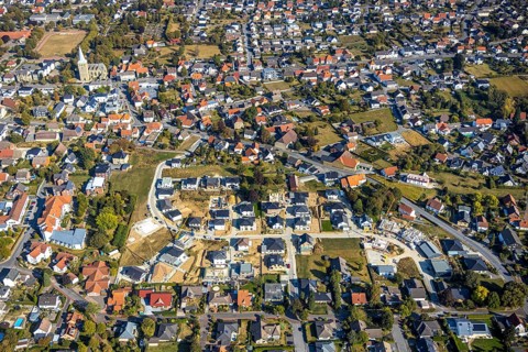 Aerial view, construction site Katharinenweg, catholic church St.-Pankratius, Anröchte, district of