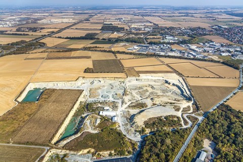 Aerial view, quarry Natursteinwerk Rinsche, Klieve, Anröchte, Kreis Soest, North Rhine-Westphalia,