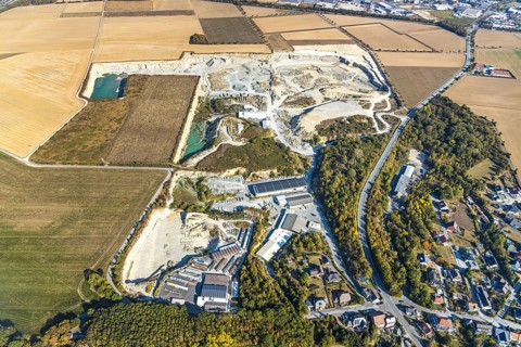 Aerial view, quarry Natursteinwerk Rinsche, Klieve, Anröchte, Kreis Soest, North Rhine-Westphalia,