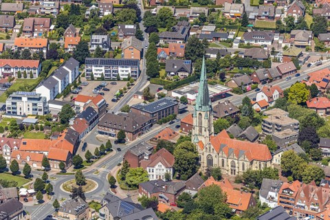 Aerial view, catholic church St. Johannes Baptist, Kirchstraße. Altenberge, Münsterland, North