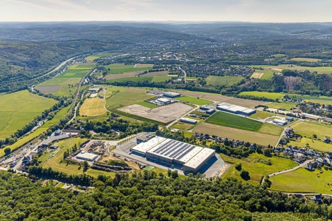 Aerial photograph, company building Trio-Leuchten GmbH, industrial estate, new development area Gut