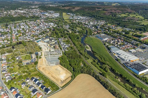 Aerial view, Hochsauerland Clinic, construction site, St. Petri Catholic Cemetery, Arnsberg,