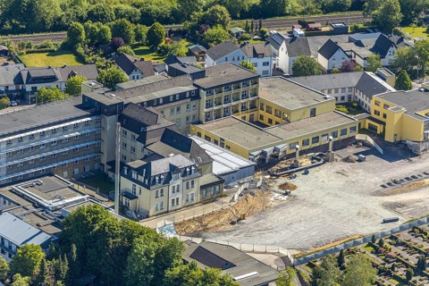Aerial view, Klinikum Hochsauerland, construction site, Arnsberg, Sauerland, Hochsauerlandkreis,