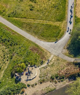 Aerial view, Ruhr Valley cycle path, cycle path along the Ruhr, Arnsberg, Sauerland,