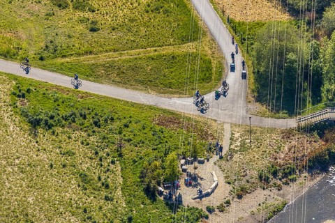 Aerial view, Ruhr Valley cycle path, cycle path along the Ruhr, Arnsberg, Sauerland,