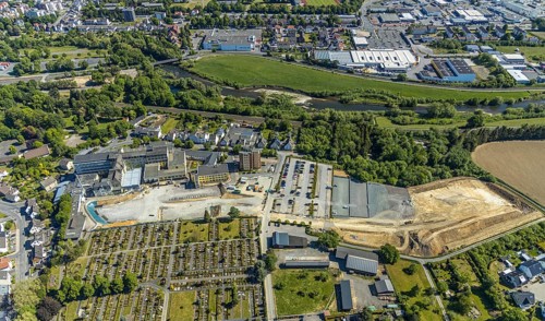 Aerial view, Hochsauerland Clinic, construction site, St. Petri Catholic Cemetery, Arnsberg,