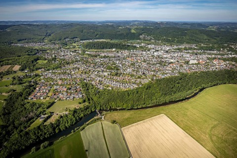 Aerial view, city view, Arnsberg district government, town hall, Arnsberg, forest area, Sauerland,