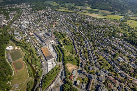 Aerial view, river Ruhr, sports facility, round gymnasium, sports ground SV Arnsberg 09, R.D.M.