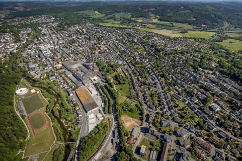 Aerial view, river Ruhr, sports facility, round gymnasium, sports ground SV Arnsberg 09, R.D.M.