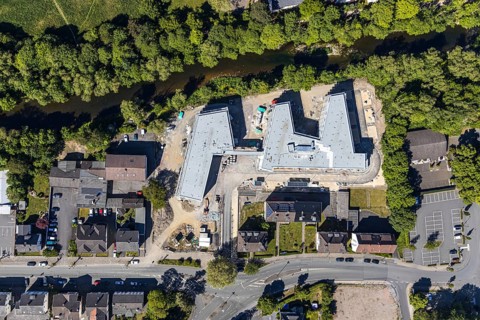 Aerial view, construction site of new care centre, building complex for assisted living,